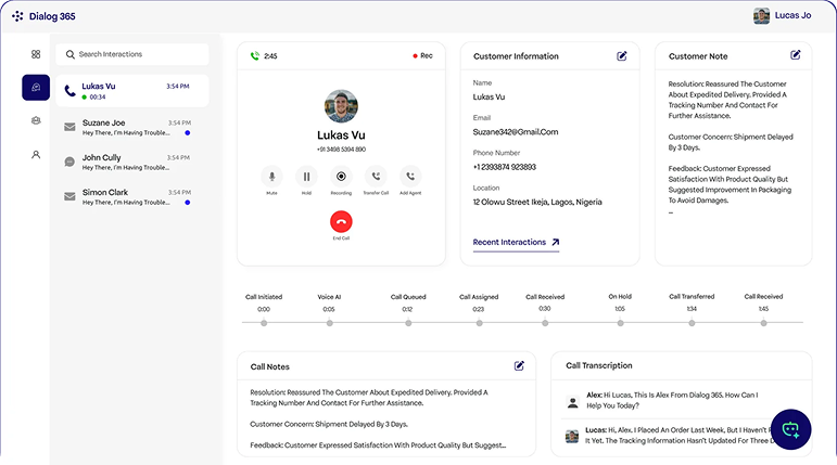 Dialog 365 contact center dashboard showing active call, customer information, and call transcription